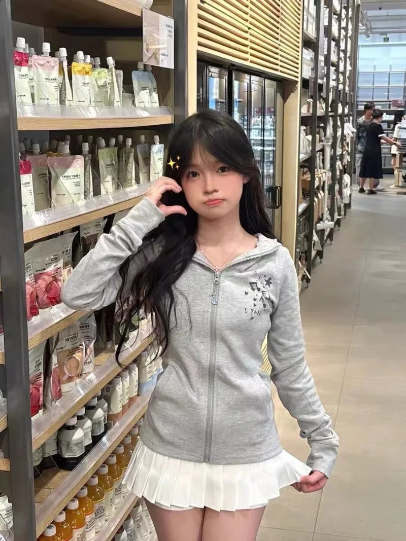 Japanese Kawaii Rabbit Ear Zipper Long Sleeve Hoodie Womens Ultra Thin Waist Y2k Chic Grey Sweet Sudadera Mujer 240821