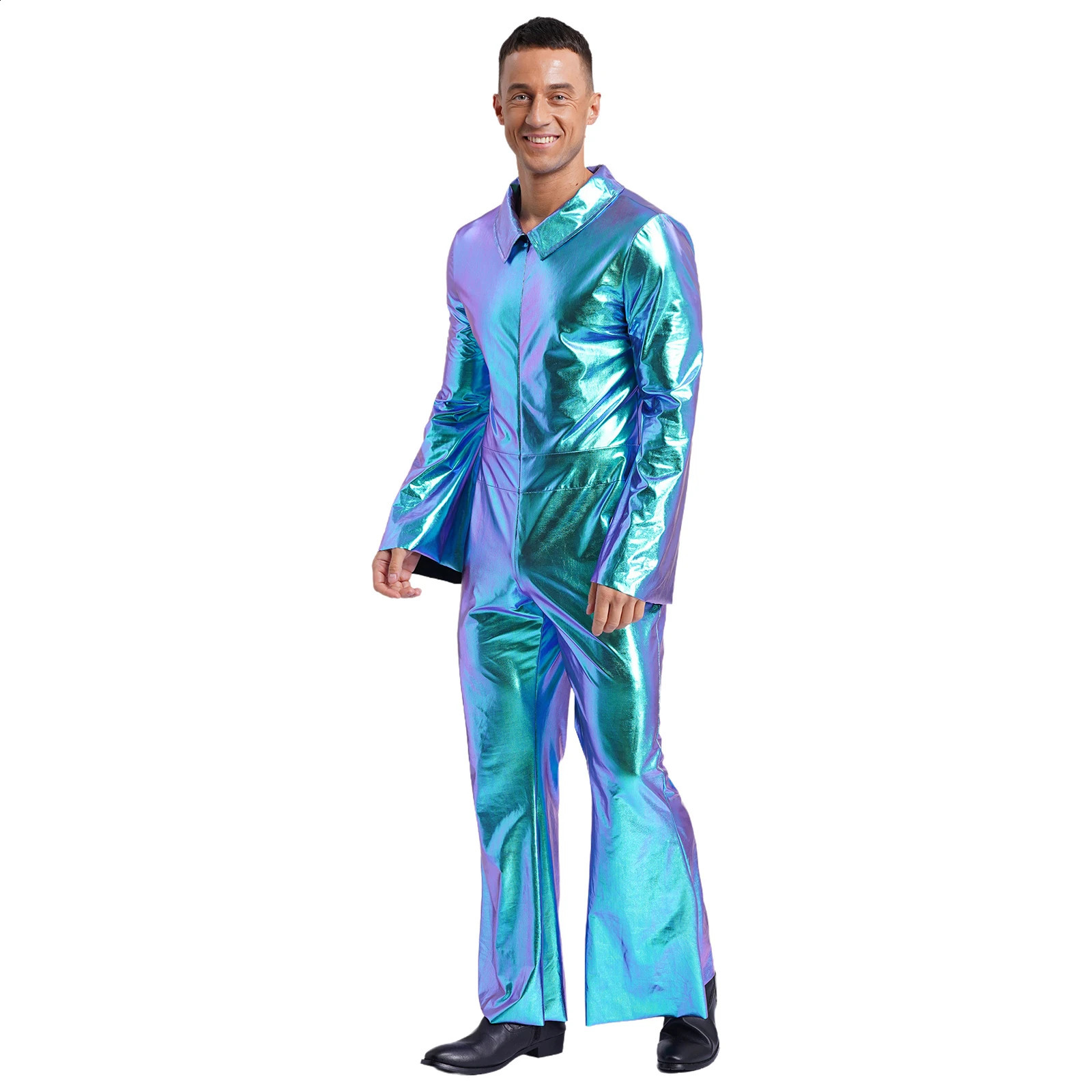 Mens Shiny Metal Disco Set 70s and 80s Hippie Costume Flip Collar Shining Long Sleeve jumpsuit Retro Bell Bottom jumpsuit 240821