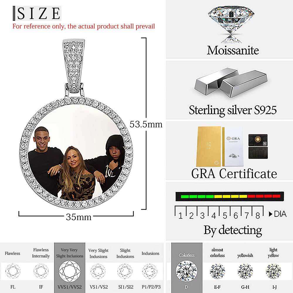 Nuoya Hight Quality VVS Moissanite Sterg Sier Custom Round Photo Frame Pendant Elegant Dazzg