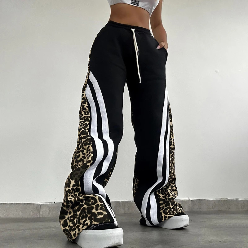 Sexy Leopard Print Patchwork Wide Leg Pants Women Drawstring Casual Baggy Sweatpants Spring Fall Harajuku Y2K Clothes 240820