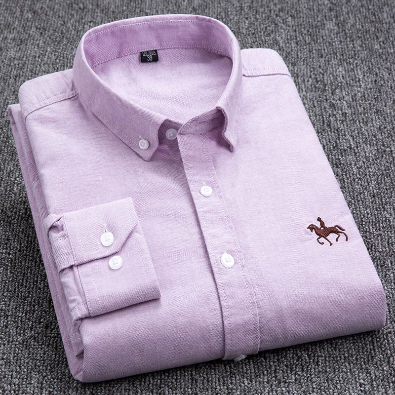 S-6XL Casual Pure Cotton Oxford Mens Shirts Long Sleeve Embroidery Horse Design Regular Fit Fashion Button Man White Dress Shirt Tops Outerwear