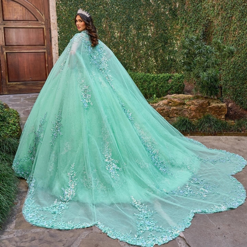 Mexican 2024 Green Shiny Quinceanera Dress Sweet 16 15 Ball Gowns Appliques Lace Beads Tulle With Cape Formal Vestidos De XV Anos