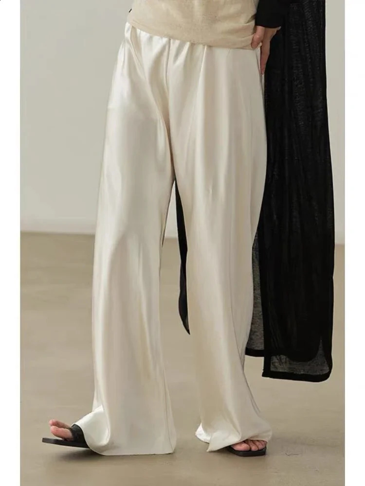 Deeptown Elegant Satin Pants Womens Summer Wide Leg Trousers Casual Baggy Korean Fashion Female Office Wear Black Pants 240821
