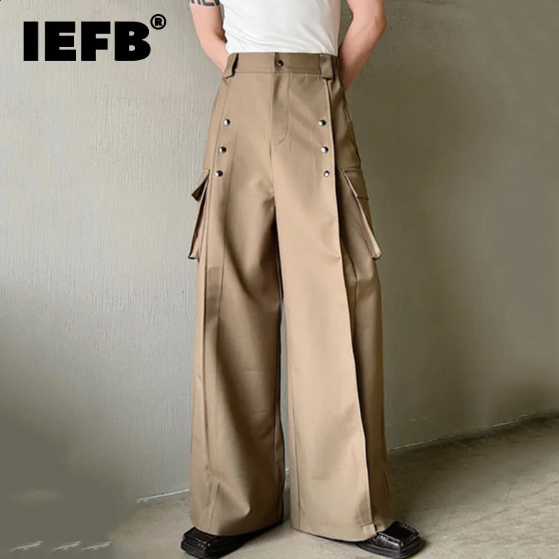 IEFB Mens Casual Wide Leg Trousers Korean Style High Waist Metal Piece Pocket Decoration Fashionable Pants 9A2104 240820
