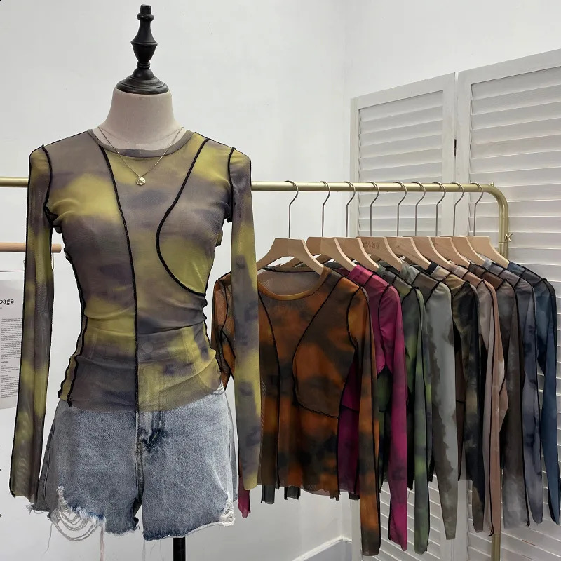 Vintage dyed printed sexy See Through Mesh ultrathin long sleeved top Y2K Tshirt party casual essential streetwear 240820