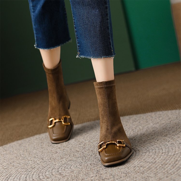 Ddmysports Fengma Style Buckle Square Toe Low Heel Slim Boots Autumn New Elastic Suede Zipper Short OUTDOOR