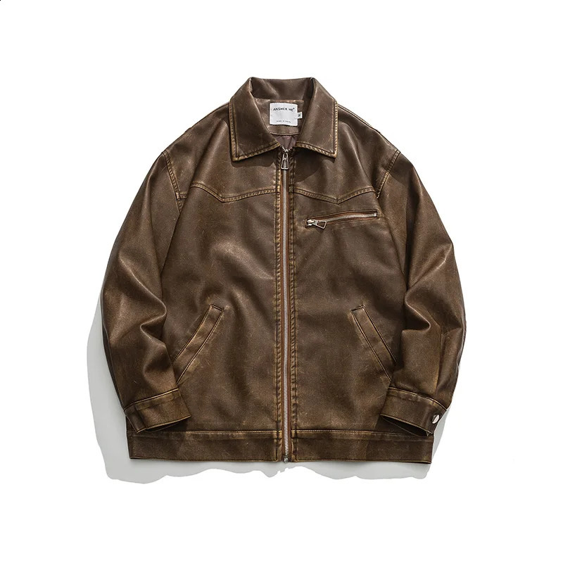 American Vintage Washed Leather Jacket for Mens Autumn Niche High-end Motorcycle Bomber Jacket Women BF Style Cool Lapel Coat 240820