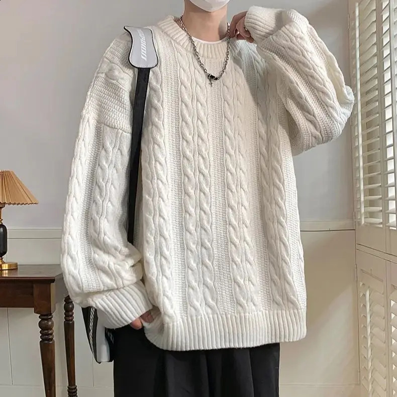 Solid Colour Ribbed Twist Pattern Round Neck Pullover Sweater Men Women Autumn Winter Couple Loose Knitted Woolen Top Warm Soft 240821