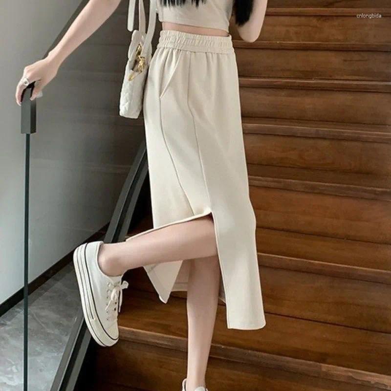 Skirts Spring Summer Womens Clothing Elastic High Waisted Solid Color Vacation Elegant Straight Short Knee Preppy Style Vintage