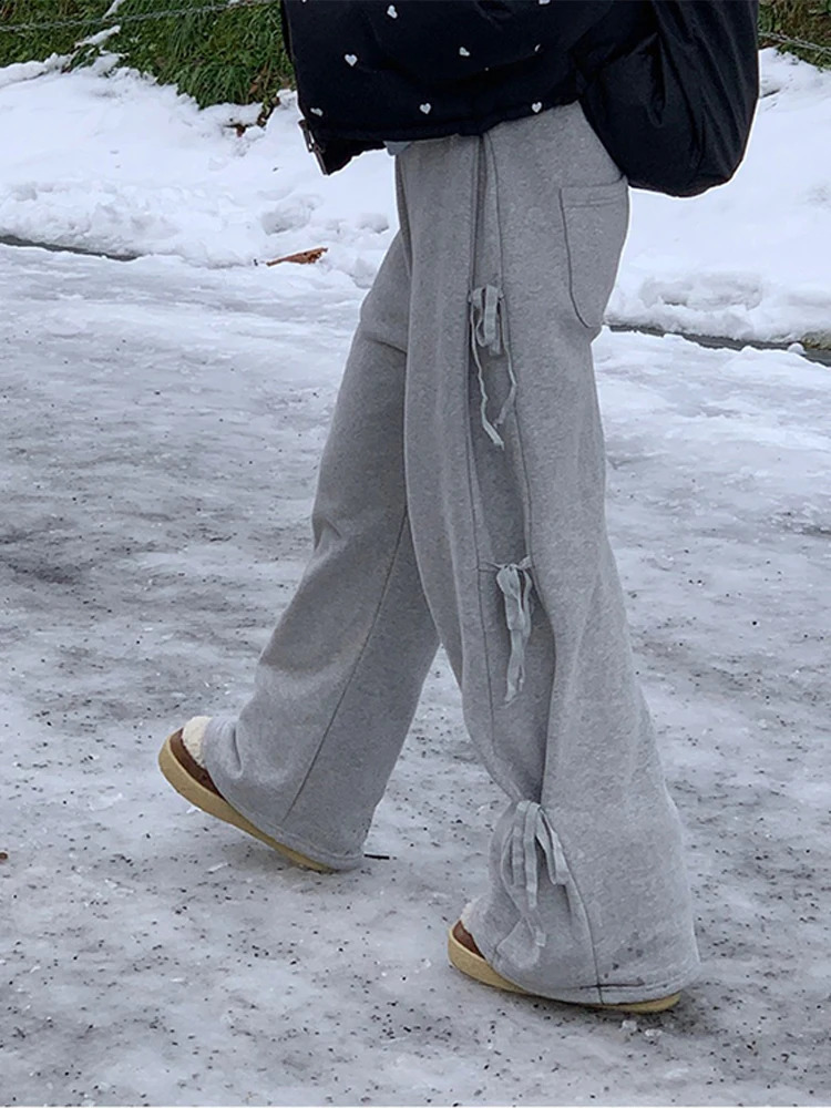 Bow Pants Women Casual Lace Up Elastic Waist Fashion Trousers Female Spring Solid Soft Loose Wide Legs Sweatpants Lady 240821