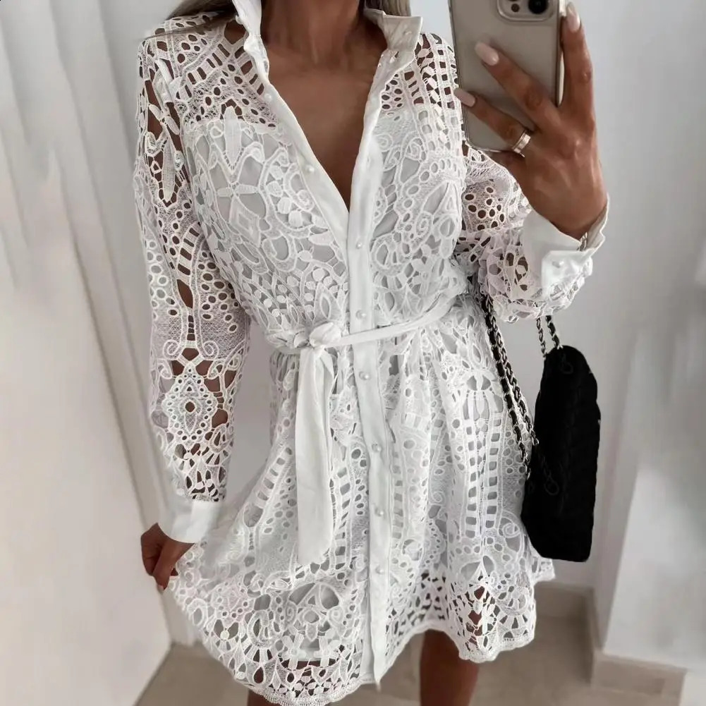Shirt Dress Elegant Hollow Out Lace Dress Women Spring Turn-down Collar Button Shirt Dress Summer Lace-up Belted Party Dress 240821