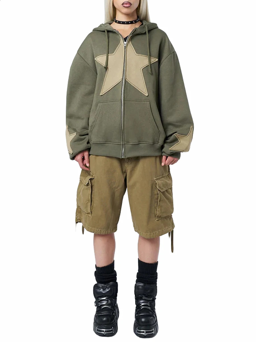 Womens Autumn Casual Hoodie Long Sleeve Star Printed Zipper Drawstring 240821