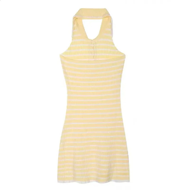 Sexy Camis Dresses Summer Fashion Patchwork Turn-down Collar Sleeveless Knitted Dress Ladies Fashionable Bodycon Striped Dress 240821