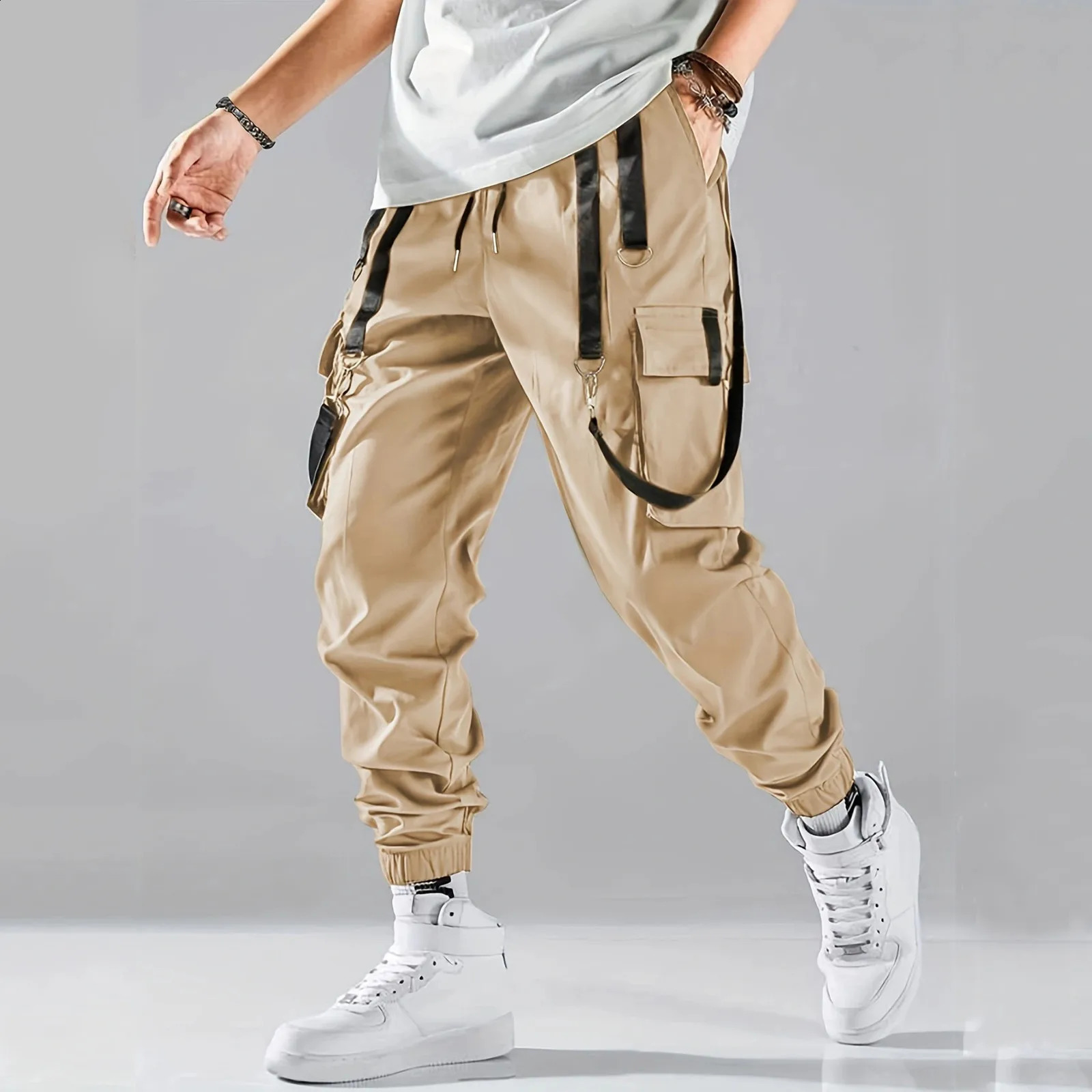 Mens Casual Stretch Pants 2024 Slim Fit Elastic Solid Color Fitness Trousers Multiple Pockets Y2k Street Pant Pantalones Hombre 240821