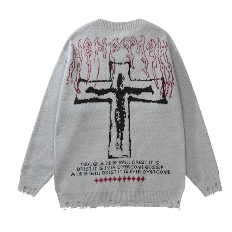 Y2K Grunge Vintage Sweaters Streetwear Hip Hop Ripped Hole Knitted Cross Punk Gothic Jumpers Fashion Harajuku Knit Pullover 240821