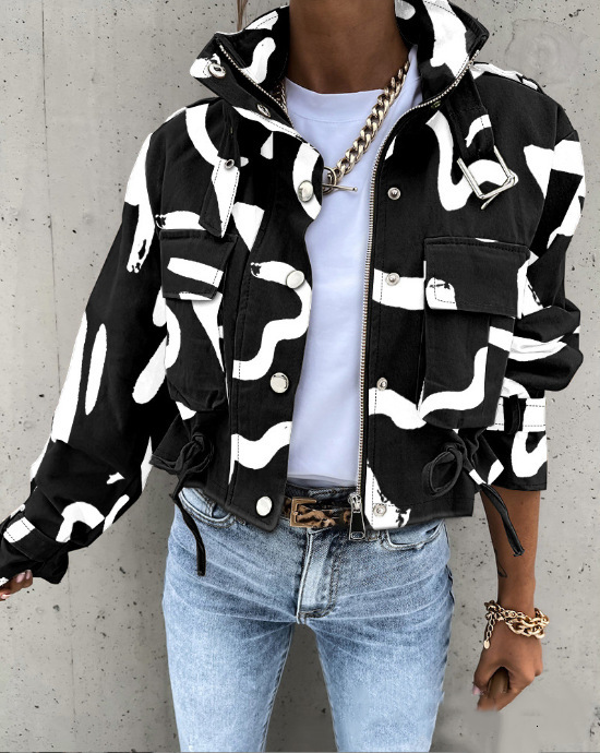 Women's clothing 2024 autumn fashion printed zipper short casual jacket