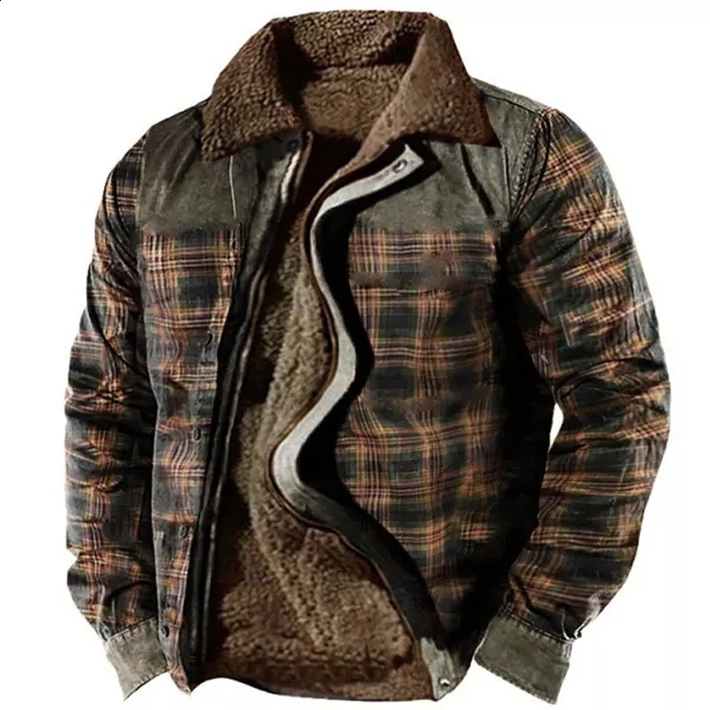 Winter Mens Warm Thick Fleece Lining Jackets Vintage Pattern Print Patchwork Turndown Collar Buttoned Coats Men Outerwear 240821