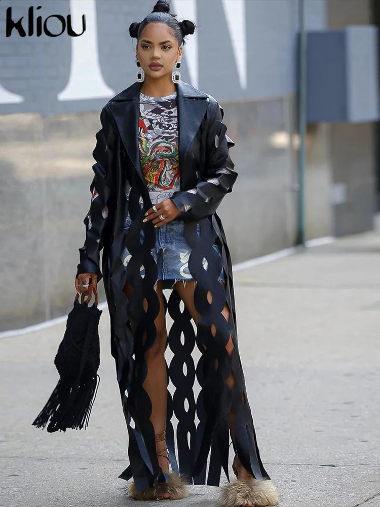 kliou Leather Hollow Out Jacket Autumn Full Sleeve Lapel Tassel Long Coats Solid AllMatched Unique Lady Trend Streetwear 240820