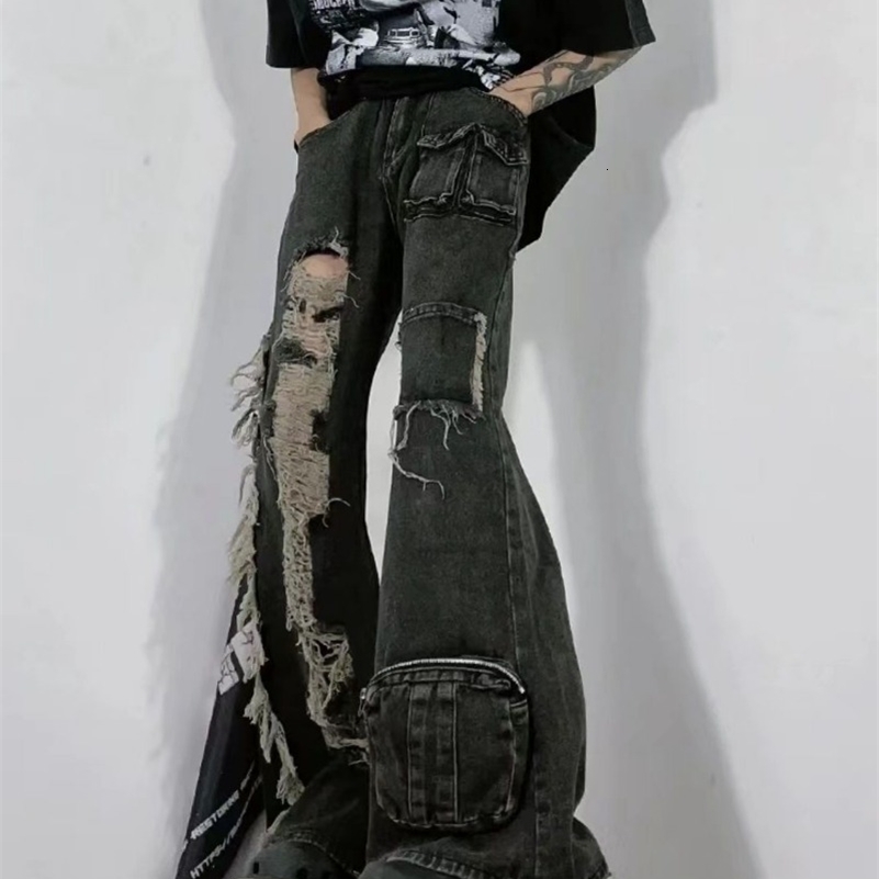 Heavy-wash Distressed Multi-pocket Straight-leg Jeans American Retro Street Wide Leg Jeans Harajuku Style Hip Hop Trousers 240821