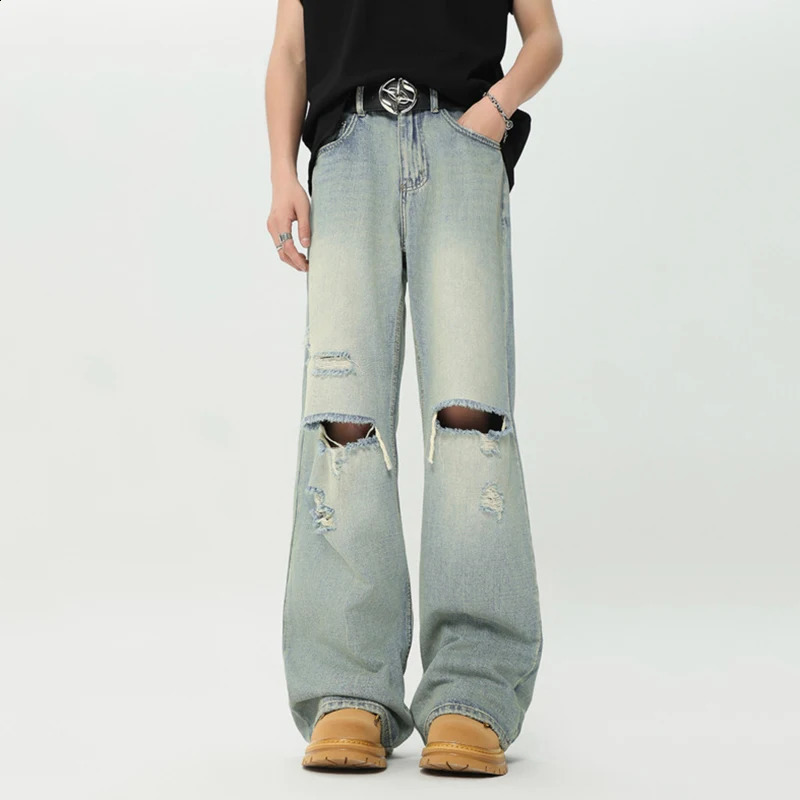 IEFB High Street Mens Jeans Straight Loose Hole Worn-out Men Denim Pants Summer Trendy Male Trousers Women 9C6631 240821