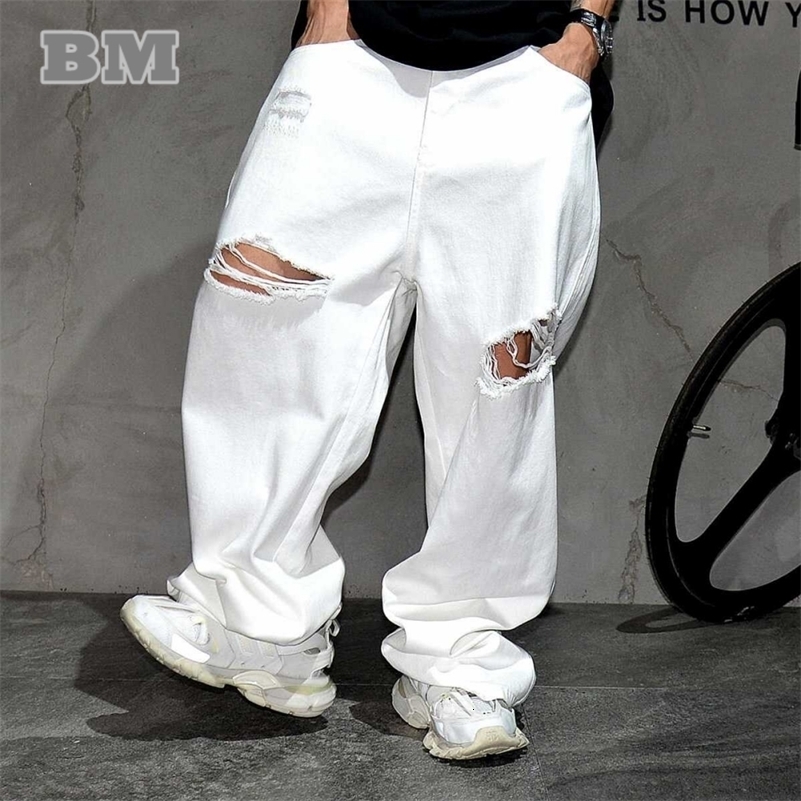 High Quality White Ripped Baggy Jeans MenS Clothing Korean Streetwear Hip Hop Skateboard Trousers Street Dance Denim Pants Male 240821