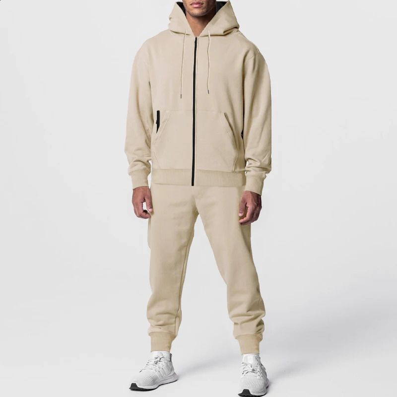 Autumn Mens Suit Plus Fleece Solid Color Double Pocket Slim Hoodie Pants Sports Suit Casual Fashion Mens Clothing 240821