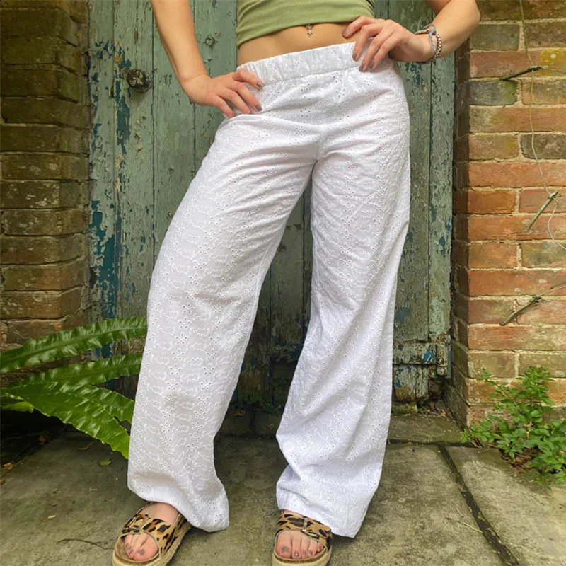 Lamuusaa y2k pants womens aesthetic clothing white hollow lace elastic low waist loose and mens 2000s streetwear 240821