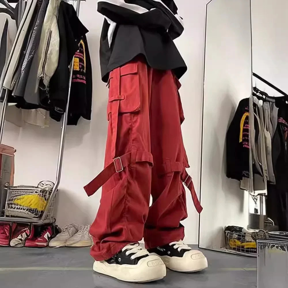 Fashionable American style retro wide leg loose casual street dance pants mens red cargo floor 240821