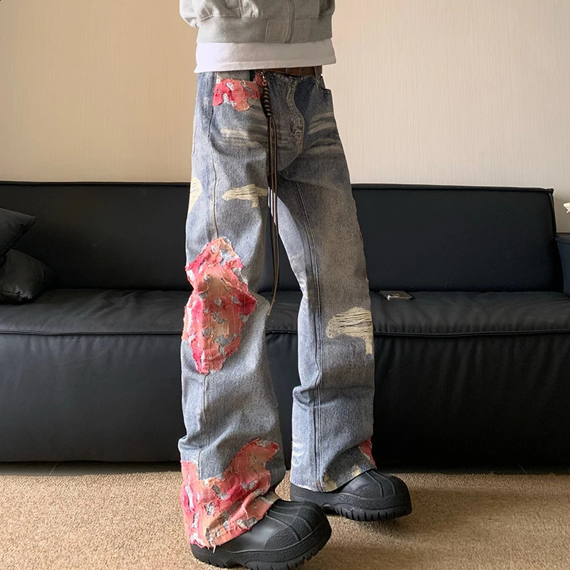 IEFB American Style High Street Denim Jeans Micro Horn Printing Splicing Contrast Color High Street Fashion Male Trousers 240821