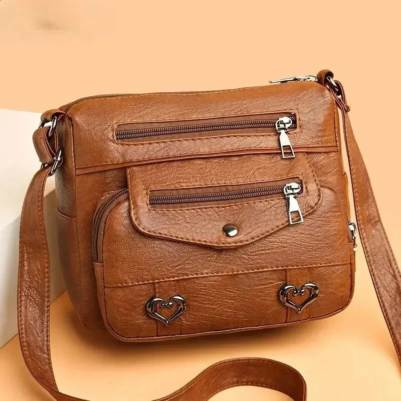 Vintage Women Shoulder Bag PU Soft Leather Crossbody Large Capacity Multipockets Messenger Lady Handbag Purse 240821