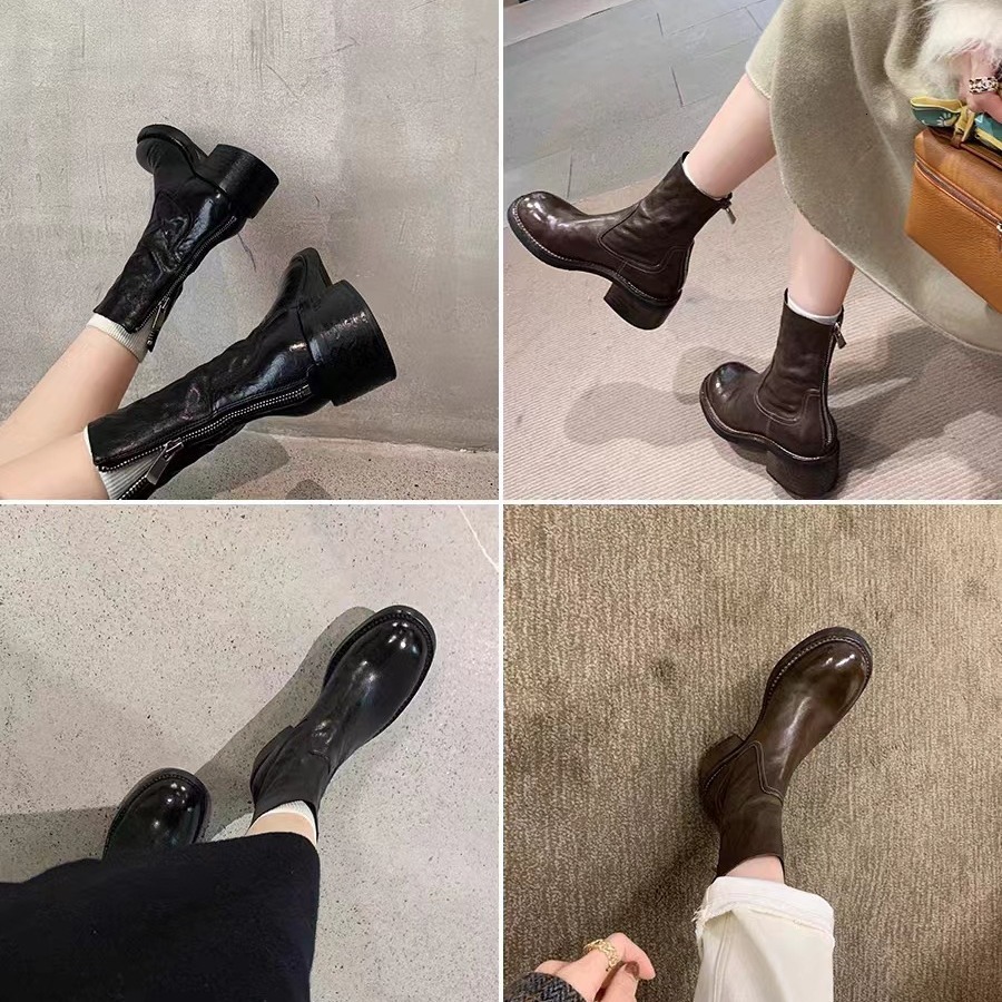 Ddmysports Grape Mom Same Style Autumn Winter New Martin Thick Eel Back Zipper Cm Orse Leather Short Boots For Women OUTDOOR