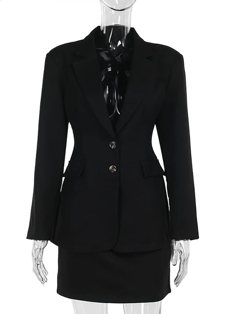 Fantoye Notched Collar Single Breasted Women Blazer Suit Black Long Sleeve Blazer Mini Skirt Autumn Elegant Office Two Piece Set 240820