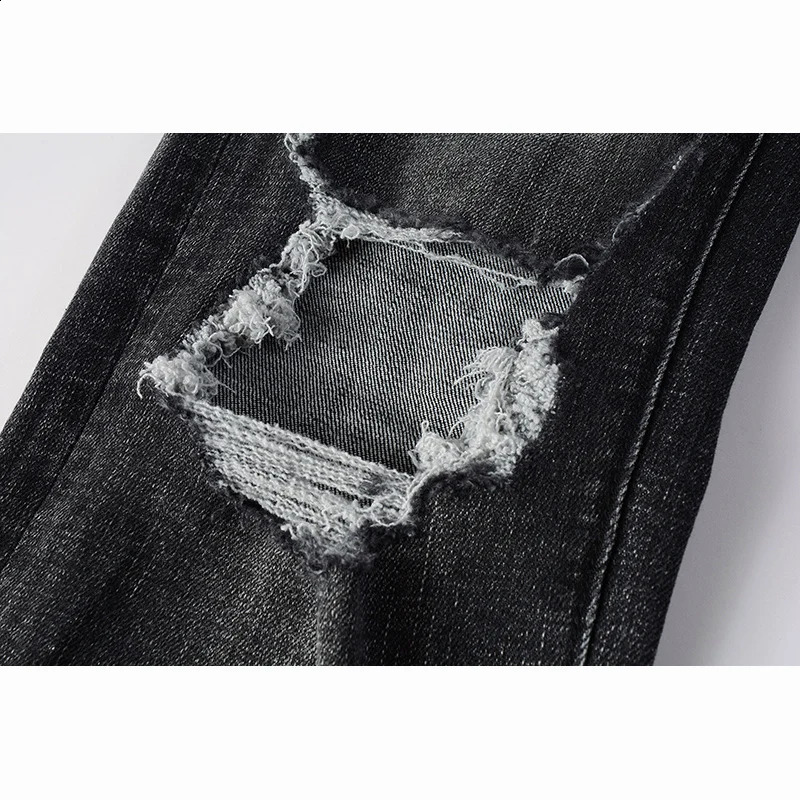 Stretch Skinny Summers Streetwear Button Fly Black Gray Destroyed Holes Ripped Jeans Pants 240821