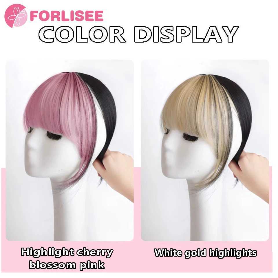 Forlisee synthetic 3D French bangs wig with natural seamless forehead invisible pink highlights top-notch hair stickers air bangs W240817