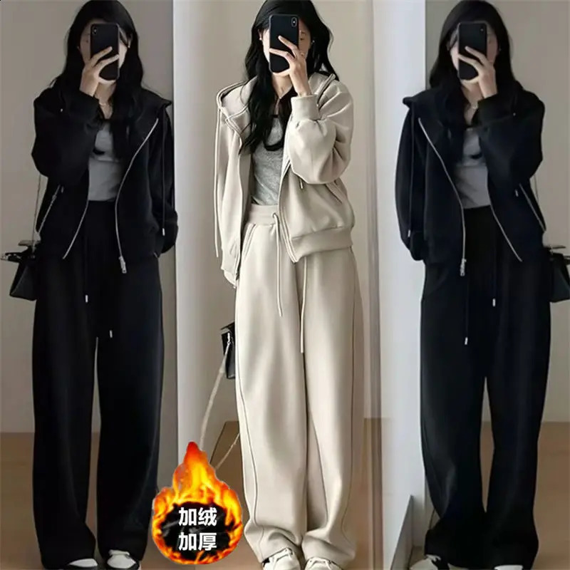 Autumn and winter Korean version womens set fashionable hooded topcasual wide leg pants two-piece running suit trendy 240820
