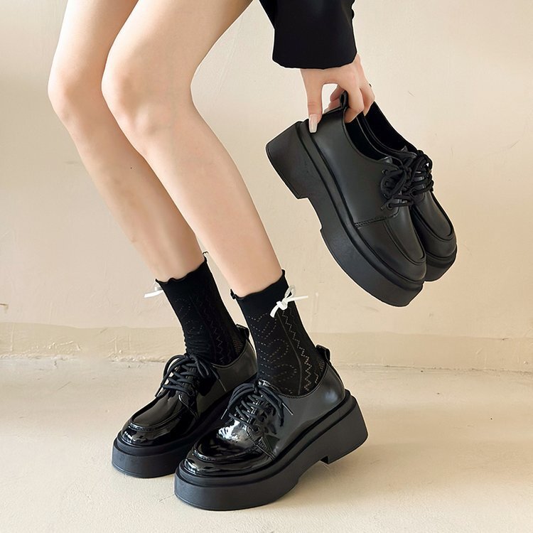 Ddmysports Thick Soled Small Leather New Autumn And Winter British Style Jk Shoes Black Matching Skirt Lace Up Loafers OUTDOOR