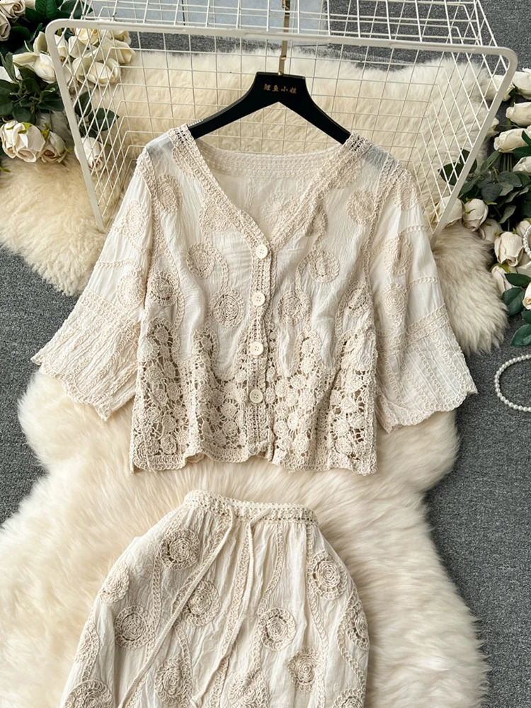 XFPV Women Bohemian Holiday Style Crochet Single Breasted Coat Elastic Waist Hollow Out Skirt Two Piece Set Spring SM10388 240820