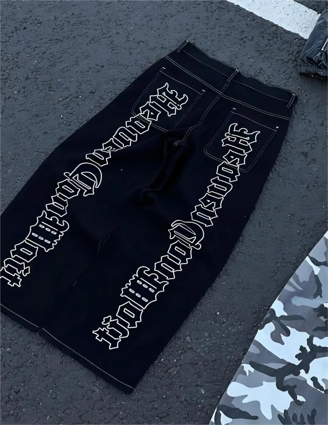 HCW Y2K streetwear fashion hip-hop letter embroidery black pocket jeans mens retro mid waist wide leg straight pants washing 240829