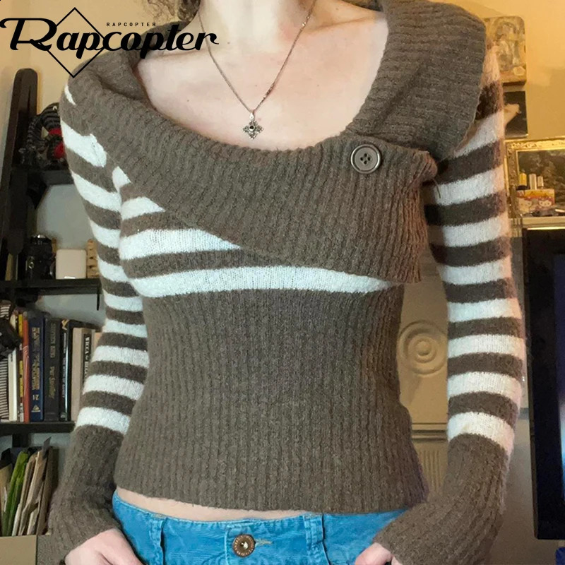 Rapcopter y2k striped knitted sweater asymmetrical full sleeve floral womens retro prefabricated casual skydiving warm winter clothes 240821