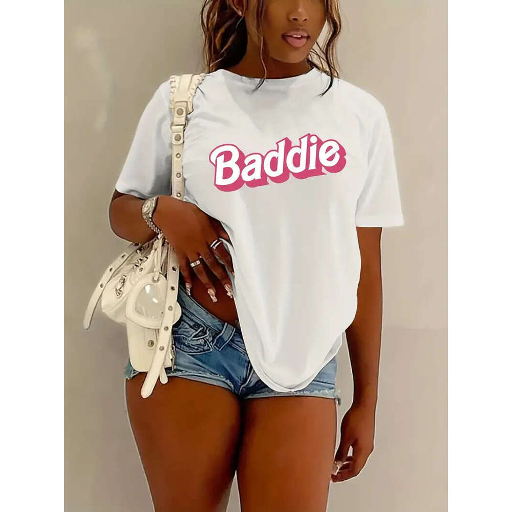 Print Baddie Crew Neck T-shirt, Casual Short Sleeve Drop Shoulder Top, Women's Clothing