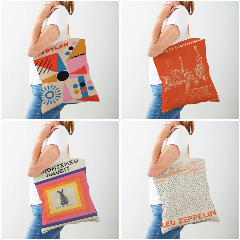 The music poster features performances by various bands shopping bags double printing casual Nordic womens canvas handbags and 240820