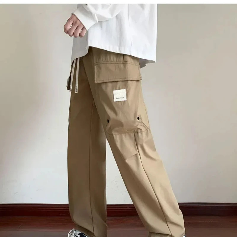 Drawstring Pockets Solid Color High Waist Casual Mens Spring and Autumn Trouser Cargo Straight Comfort Pants 240821