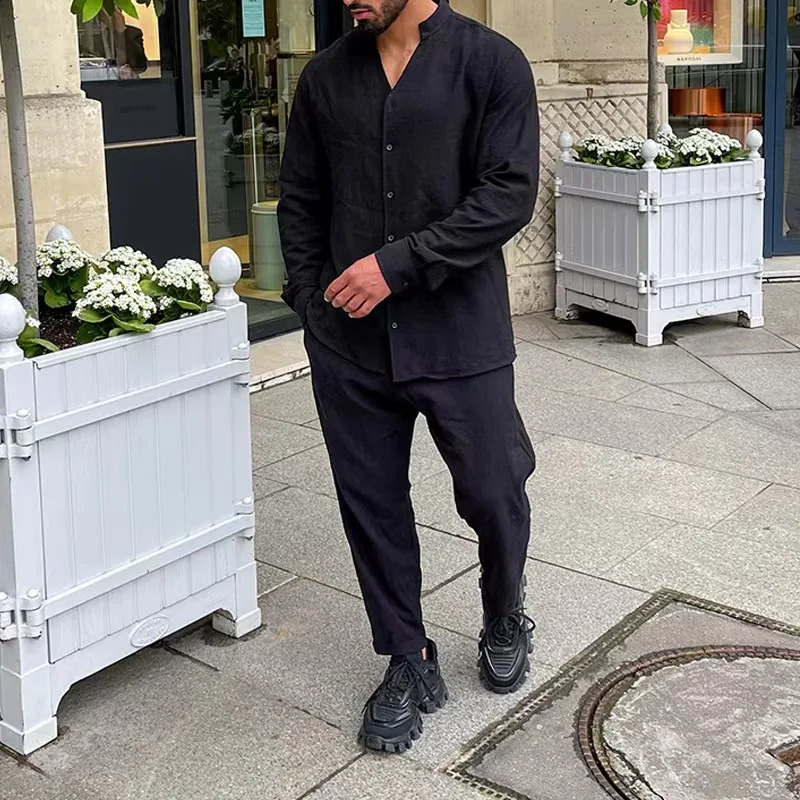 Fashion Simple Casual Sports Suit Mens Linen Breathable Solid Color Long-sleeved Stand Collar Shirt And Trousers Two-piece Set 240821