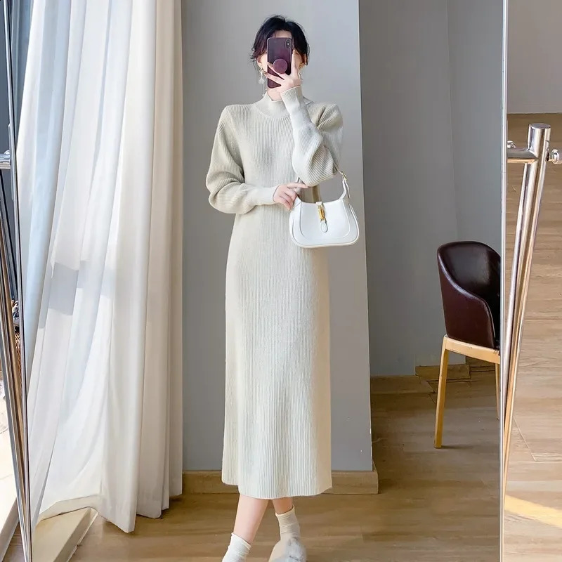 Elegant Long Straight-leg Sweater Dress For Women Autumnwinter Korean Style Coat Inner Layer 240821