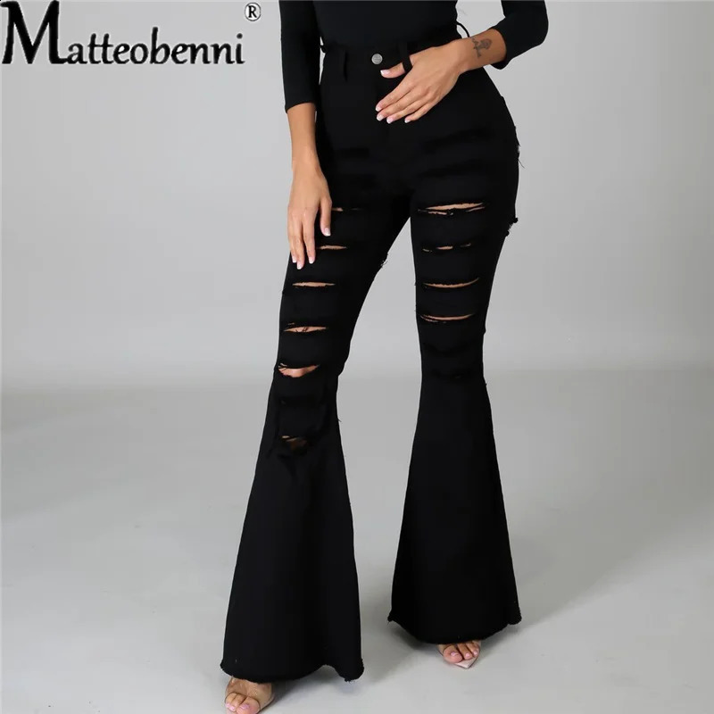Fashion Women Hole High Waist Ripped Slit Flare Jeans Ladies Black Tassel Denim Trousers Sexy Skinny Bell Bottoms Jean Pants 240821