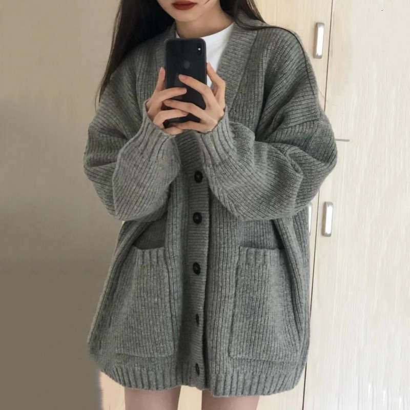 V-neck lazy style cardigan 2024 new simple sweater women's autumn and winter casual loose knitted jacket