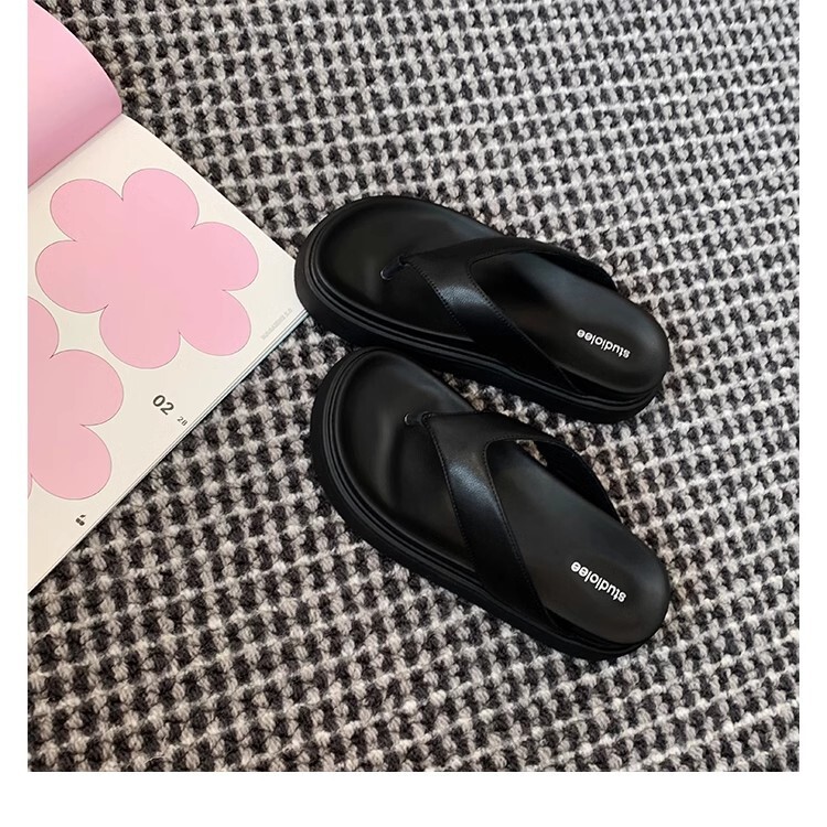 Ddmysports Grape Mom S Same Casual Versatile Round Clip Toe Thick Sole Simplified Erringbone Slippers For Women Genuine Leather Summer Outwear OUTDOOR