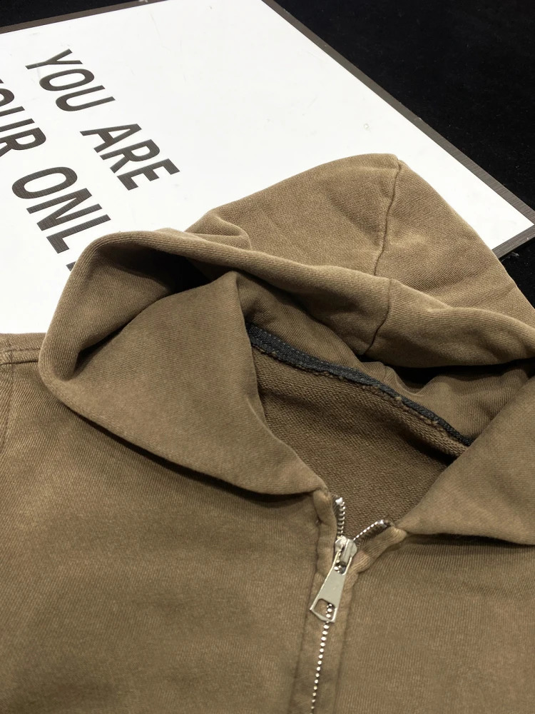 Cotton Terry Black Brown Zip Up Cropped Hoodies Hoode Sweatshirt Coat Jackets Clean Fit Outwear Korean Kpop Top Women 240820