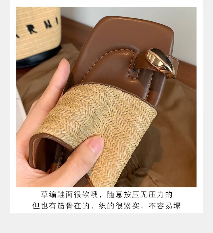 Grape Mom S Vacation Style Metal Clip On Foot Temperament Square Grass Woven Set Toe Cool Slippers For Women In Summer OUTDOOR