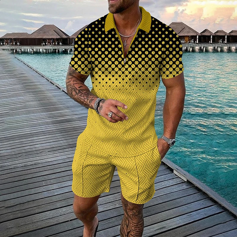 Summer Mens Set Fashion Casual 3D Printing V-Neck Zipper Short Sleeve POLO Shirt Shorts Mens Set 2 Pieces Mens Clothing 240820